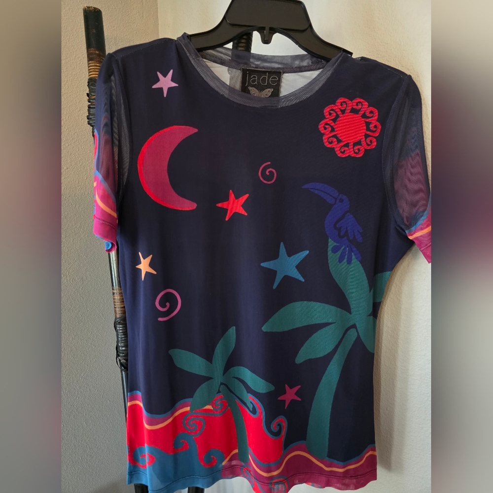 NWT Johnny Was Navy Short Sleeve Top with Tropical Motifs SOLD OUT EVERYWHERE